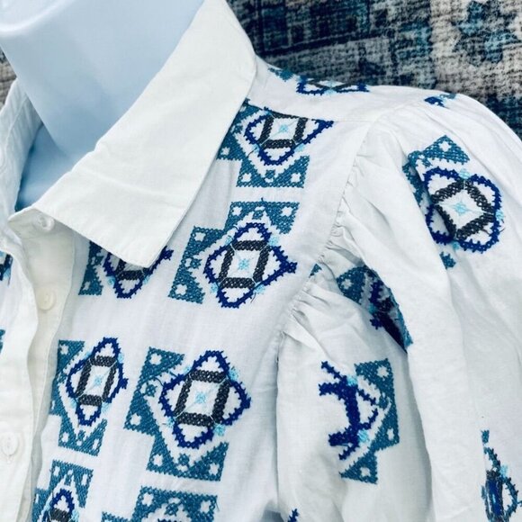 River Island Embroidered Mini Shirt Dress Size 8 Open Back Collard Button Up - Picture 4 of 16